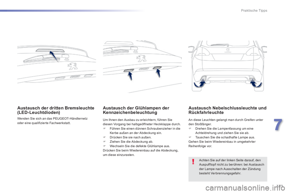 PEUGEOT 2008 2014  Betriebsanleitungen (in German) 171
7
Praktische Tipps
       Austausch  der  dritten  Bremsleuchte (LED-Leuchtdioden) 
 Wenden Sie sich an das PEUGEOT-Händlernetz oder eine qualifizier te Fachwerkstatt.   
       Austausch  der  G
