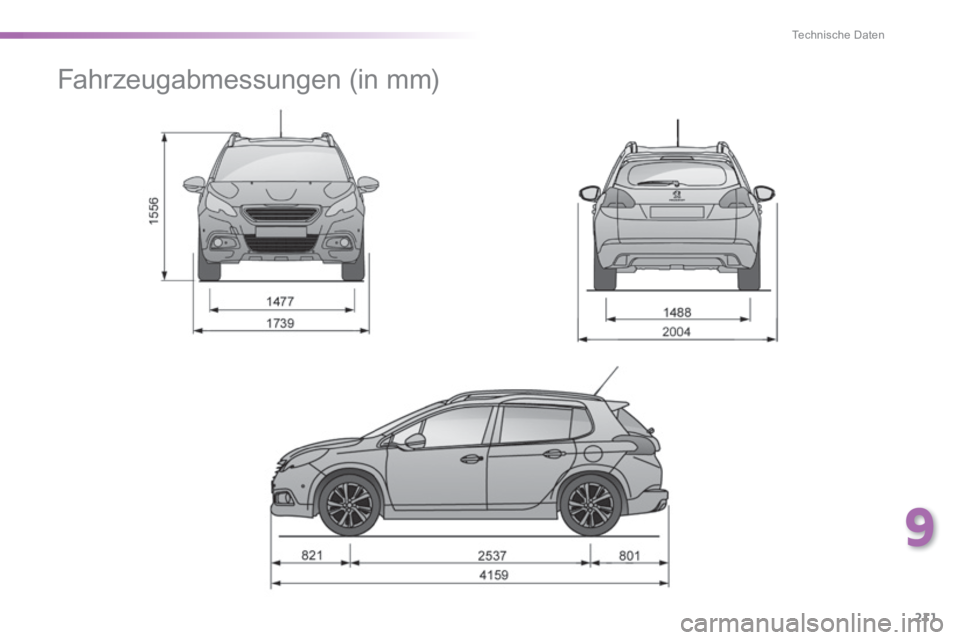 PEUGEOT 2008 2014  Betriebsanleitungen (in German) 9
211
Technische Daten
     Fahrzeugabmessungen  (in  mm)  