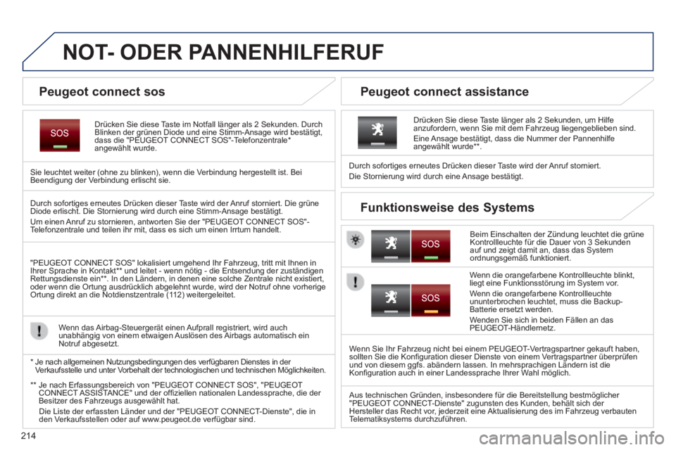 PEUGEOT 2008 2014  Betriebsanleitungen (in German) 214
           NOT-  ODER  PANNENHILFERUF  
  Drücken Sie diese Taste im Notfall länger als 2 Sekunden. Durch Blinken der grünen Diode und eine Stimm-Ansage wird bestätigt, dass die "PEUGEOT CONNE
