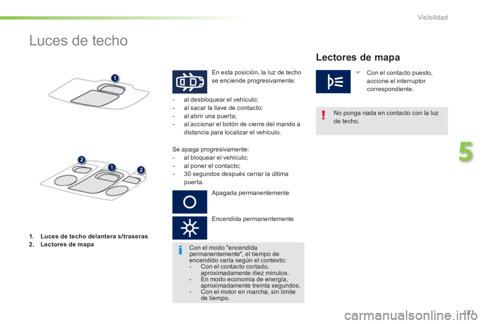 PEUGEOT 2008 2014  Manual del propietario (in Spanish) 121
5
Visibilidad
            Luces de techo 
 En esta posición, la luz de techo se enciende progresivamente: 
  No ponga nada en contacto con la luz 
de  techo.   
   -   al  desbloquear  el  vehíc