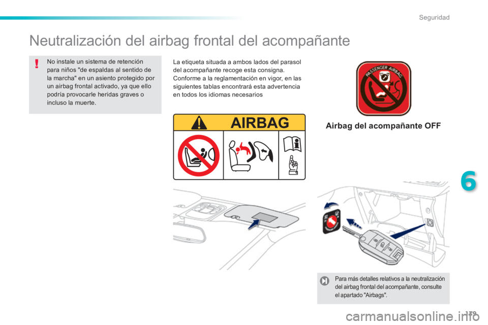 PEUGEOT 2008 2014  Manual del propietario (in Spanish) 139
6
Seguridad
 Neutralización del airbag frontal del acompañante  
  No instale un sistema de retención para niños "de espaldas al sentido de la marcha" en un asiento protegido por un airbag fro
