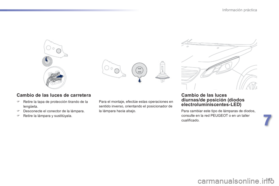 PEUGEOT 2008 2014  Manual del propietario (in Spanish) 167
7
Información práctica
  Cambio de las luces de carretera Cambio de las luces diurnas/de posición (diodos electroluminiscentes-LED) 
 Para cambiar este tipo de lámparas de diodos, consulte en 