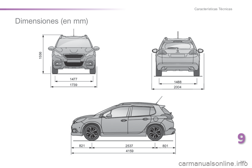 PEUGEOT 2008 2014  Manual del propietario (in Spanish) 9
211
Características Técnicas
      
Dimensiones (en mm)  