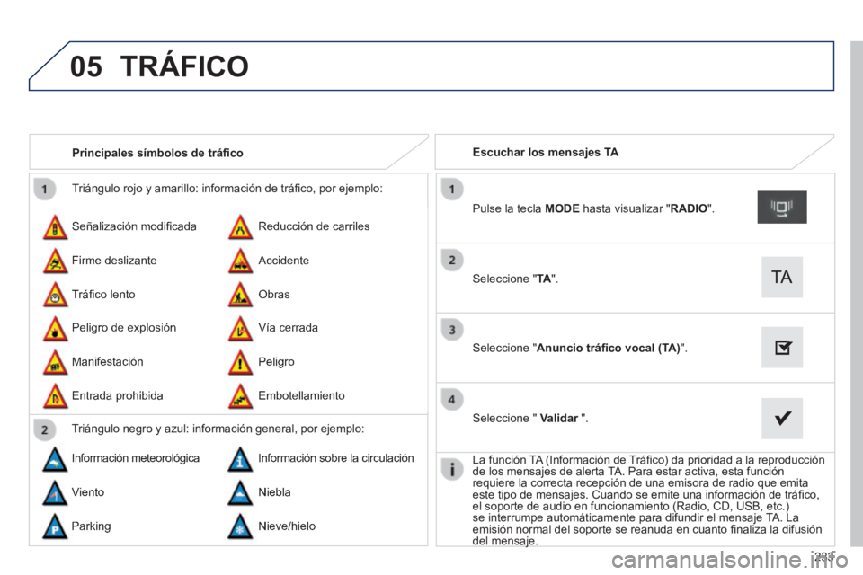 PEUGEOT 2008 2014 Manual del propietario (in Spanish) 05
233
Triángulo rojo y amarillo: información de tráfi co, por ejemplo:
Señalización modifi cada
Peligro de explosión
Reducción de carriles
Vía cerrada
Firme deslizante
Manife PEUGEOT 2008 2014 Manual del propietario (in Spanish) 05
233
Triángulo rojo y amarillo: información de tráfi co, por ejemplo:
Señalización modifi cada
Peligro de explosión
Reducción de carriles
Vía cerrada
Firme deslizante
Manife