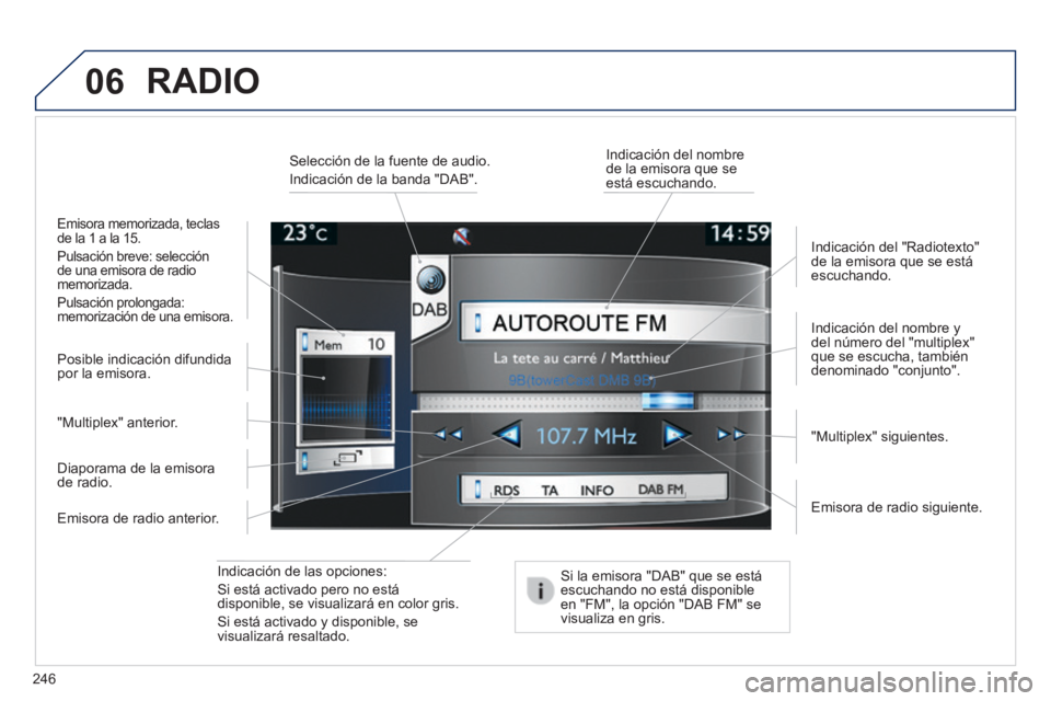 PEUGEOT 2008 2014  Manual del propietario (in Spanish) 06
246
  Indicación  de  las  opciones:  
Si está activado pero no está disponible, se visualizará en color gris.  
Si está activado y disponible, se visualizará  resaltado.  
  Indicación del 
