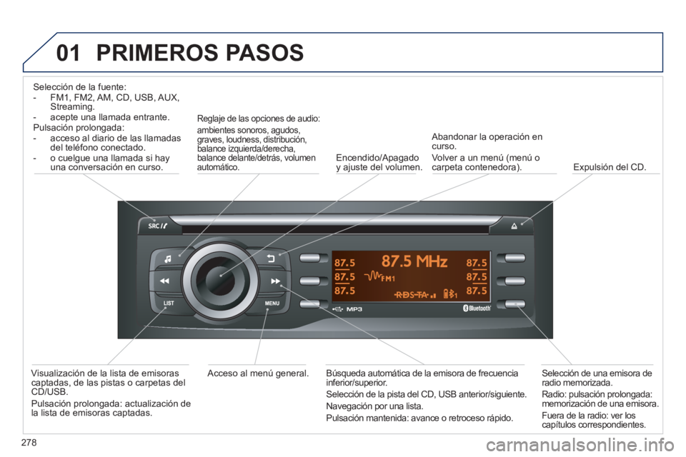 PEUGEOT 2008 2014 Manual del propietario (in Spanish) 01
278
PRIMEROS PASOS
Selección de la fuente: - FM1, FM2, AM, CD, USB, AUX, Streaming. - acepte una llamada entrante. Pulsación prolongada: - acceso al diario de las llamadas del PEUGEOT 2008 2014 Manual del propietario (in Spanish) 01
278
PRIMEROS PASOS
Selección de la fuente: - FM1, FM2, AM, CD, USB, AUX, Streaming. - acepte una llamada entrante. Pulsación prolongada: - acceso al diario de las llamadas del