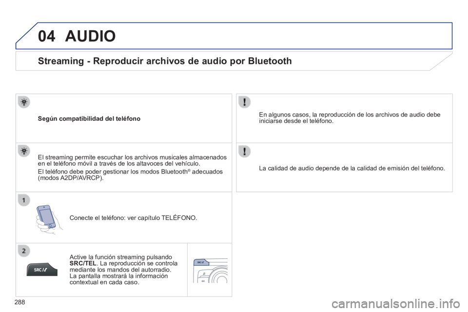 PEUGEOT 2008 2014  Manual del propietario (in Spanish) 04
288
       
Streaming - Reproducir archivos de audio por Bluetooth 
  Según  compatibilidad  del  teléfono  
  Conecte el teléfono: ver capítulo TELÉFONO.  
  El streaming permite escuchar los