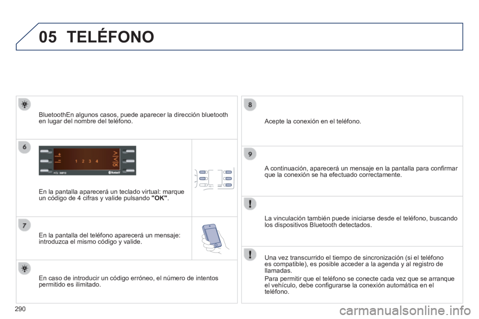 PEUGEOT 2008 2014  Manual del propietario (in Spanish) 05
290
 TELÉFONO 
  En la pantalla aparecerá un teclado virtual: marque un código de 4 cifras y valide pulsando  "OK" .  
  En la pantalla del teléfono aparecerá un mensaje: introduzca el mismo c