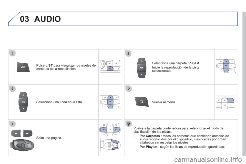 PEUGEOT 2008 2014  Manual del propietario (in Spanish) 03
3 11
  Seleccione una línea en la lista.  
  Salte  una  página.  
  Vuelva  al  menú.  
  Seleccione una carpeta /Playlist. 
 Inicie la reproducción de la pista seleccionada.  
  Vuelva a la c