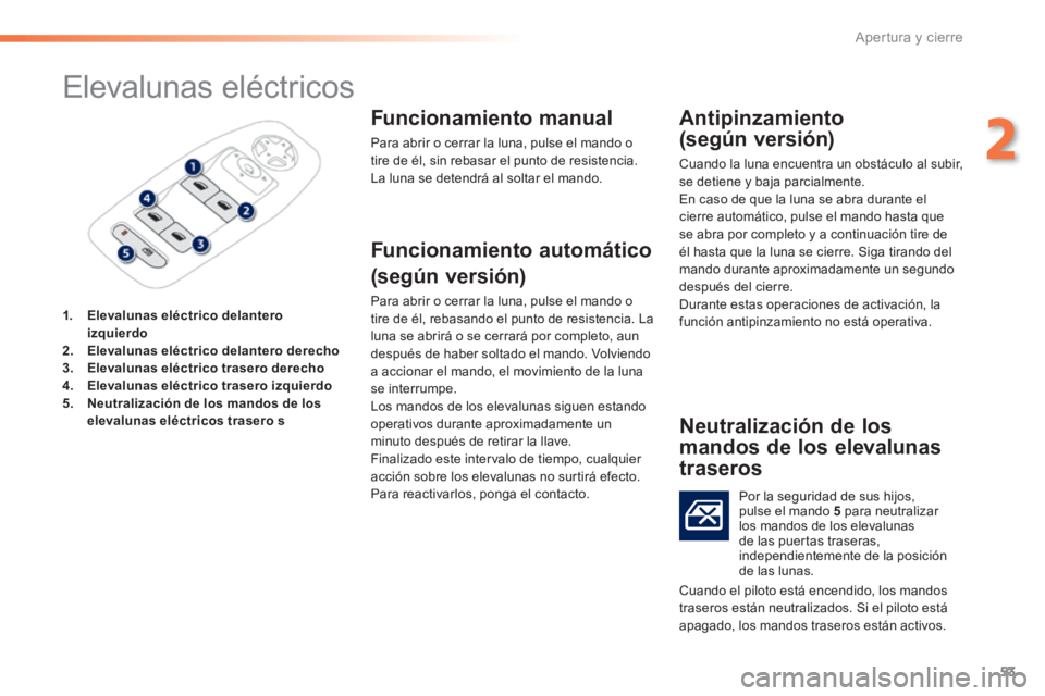 PEUGEOT 2008 2014 Manual del propietario (in Spanish) 53
2
Apertura y cierre
Elevalunas eléctricos
1. Elevalunas eléctrico delantero izquierdo2. Elevalunas eléctrico delantero derecho3. Elevalunas eléctrico trasero derecho4. Ele PEUGEOT 2008 2014 Manual del propietario (in Spanish) 53
2
Apertura y cierre
Elevalunas eléctricos
1. Elevalunas eléctrico delantero izquierdo2. Elevalunas eléctrico delantero derecho3. Elevalunas eléctrico trasero derecho4. Ele