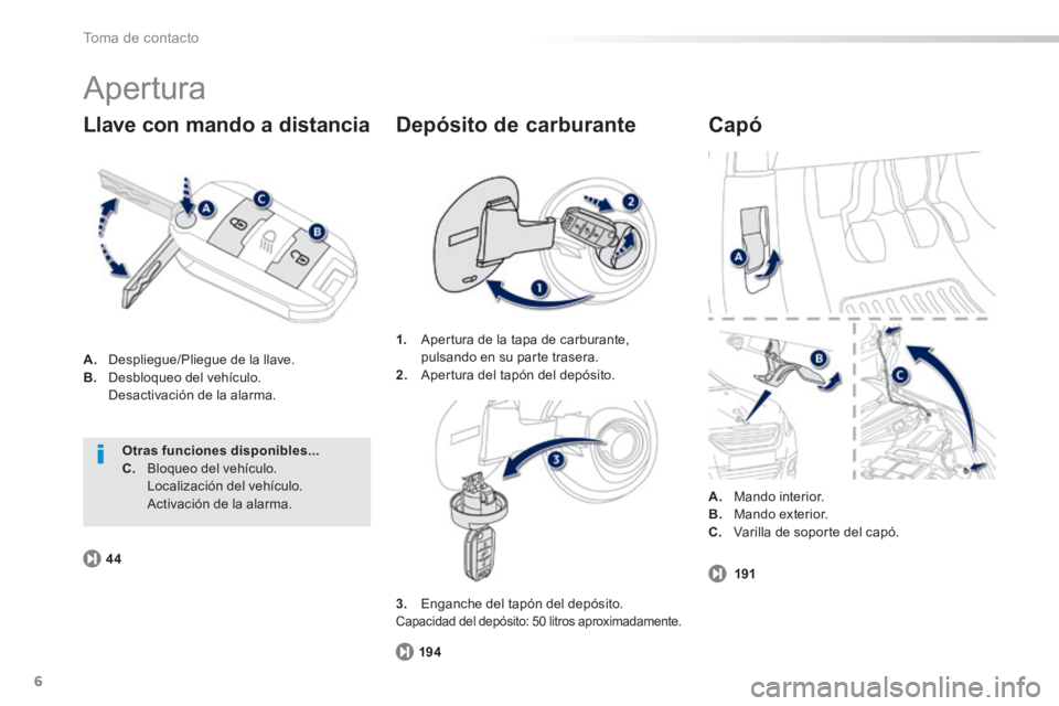 PEUGEOT 2008 2014  Manual del propietario (in Spanish) 6
194
44
191
Toma de contacto
 Apertura 
A.   Despliegue/Pliegue de la llave. B.   Desbloqueo  del  vehículo.    Desactivación de la alarma. 
  Llave con mando a distancia   Capó 
1.   Apertura de 