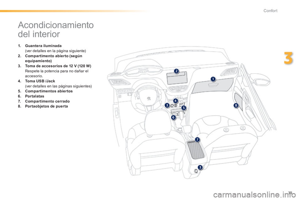 PEUGEOT 2008 2014  Manual del propietario (in Spanish) 71
3
Confort
               Acondicionamiento 
del interior 
1.        Guantera iluminada        (ver detalles en la página siguiente) 2.    Compartimento abierto (según equipamiento)3.    Toma de a