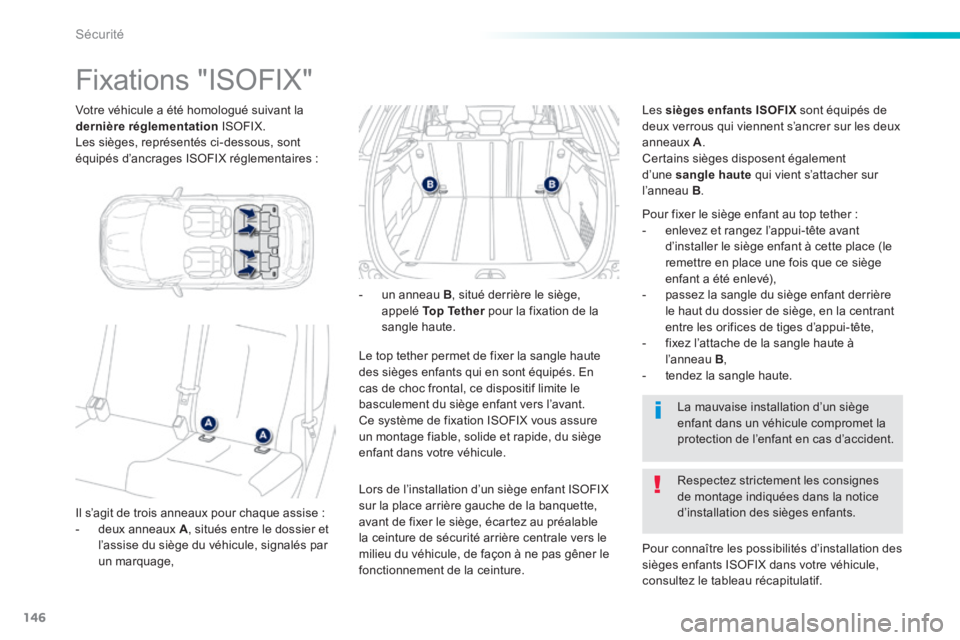 PEUGEOT 2008 2014 Manuel du propriétaire (in French) 146
Sécurité
Votre véhicule a été homologué suivant la dernière réglementation ISOFIX. Les sièges, représentés ci-dessous, sont équipés d’ancrages ISOFIX réglementaires :
PEUGEOT 2008 2014 Manuel du propriétaire (in French) 146
Sécurité
Votre véhicule a été homologué suivant la dernière réglementation ISOFIX. Les sièges, représentés ci-dessous, sont équipés d’ancrages ISOFIX réglementaires :