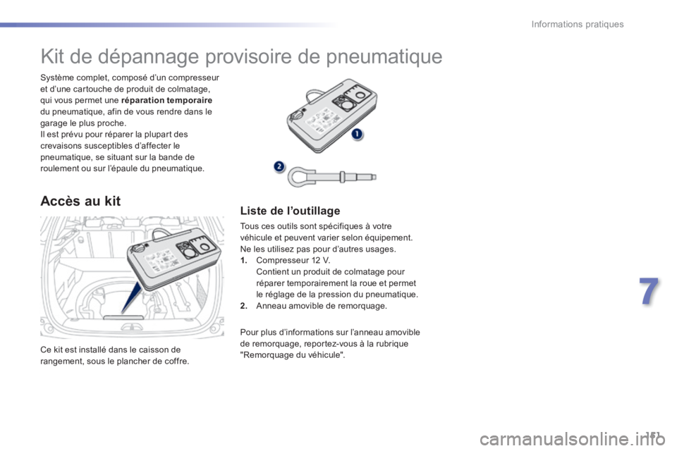 PEUGEOT 2008 2014  Manuel du propriétaire (in French) 151
7
Informations pratiques
 Ce kit est installé dans le caisson de rangement, sous le plancher de coffre.  
  Système complet, composé d’un compresseur et d’une cartouche de produit de colmat