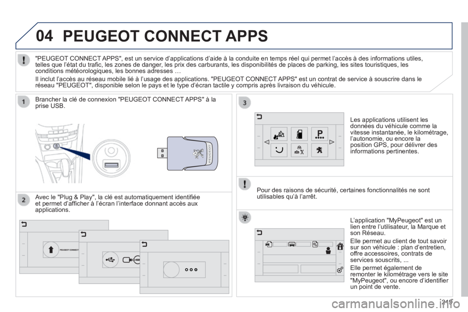 PEUGEOT 2008 2014  Manuel du propriétaire (in French) 04
219
PEUGEOT CONNECT APPS 
  Les applications utilisent les données du véhicule comme la vitesse instantanée, le kilométrage, l’autonomie, ou encore la position GPS, pour délivrer des informa