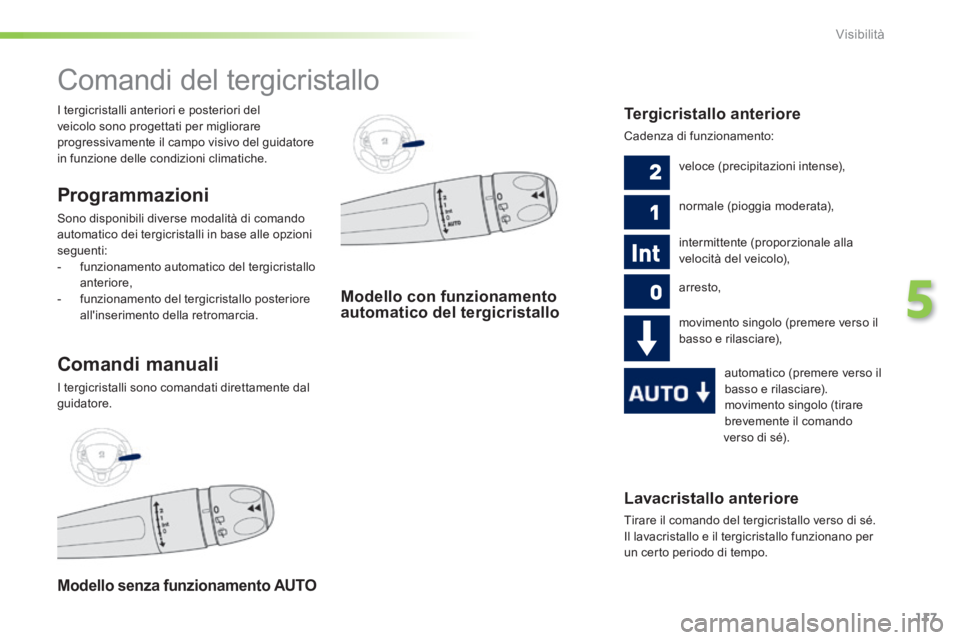 PEUGEOT 2008 2014 Manuale duso (in Italian) 117
5
Visibilità
Lavacristallo anteriore
Tirare il comando del tergicristallo verso di sé.
Il lavacristallo e il tergicristallo funzionano per un certo periodo di tempo.
Comandi del t PEUGEOT 2008 2014 Manuale duso (in Italian) 117
5
Visibilità
Lavacristallo anteriore
Tirare il comando del tergicristallo verso di sé.
Il lavacristallo e il tergicristallo funzionano per un certo periodo di tempo.
Comandi del t
