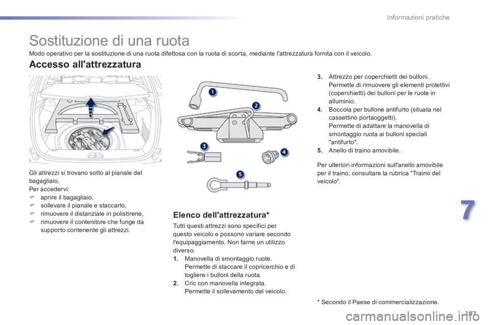 PEUGEOT 2008 2014 Manuale duso (in Italian) 157
7
Informazioni pratiche
Sostituzione di una ruota
Gli attrezzi si trovano sotto al pianale del bagagliaio. Per accedervi: aprire il bagagliaio, sollevare il pianale PEUGEOT 2008 2014 Manuale duso (in Italian) 157
7
Informazioni pratiche
Sostituzione di una ruota
Gli attrezzi si trovano sotto al pianale del bagagliaio. Per accedervi: aprire il bagagliaio, sollevare il pianale