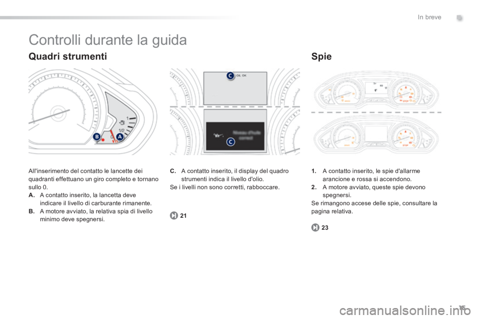 PEUGEOT 2008 2014  Manuale duso (in Italian) .
15
23
21
In breve
 Controlli durante la guida 
 Allinserimento del contatto le lancette dei quadranti effettuano un giro completo e tornano sullo 0. A.   A contatto inserito, la lancetta deve indic