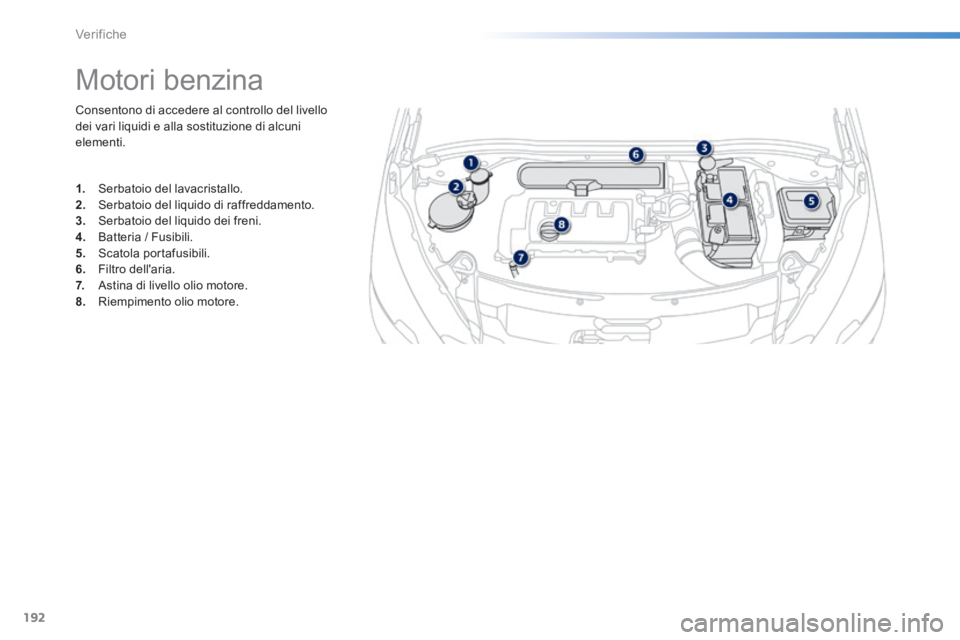 PEUGEOT 2008 2014  Manuale duso (in Italian) 192
Verifiche
 Consentono di accedere al controllo del livello dei vari liquidi e alla sostituzione di alcuni elementi. 
              Motori benzina 
1.   Serbatoio del lavacristallo. 2.   Serbatoio 