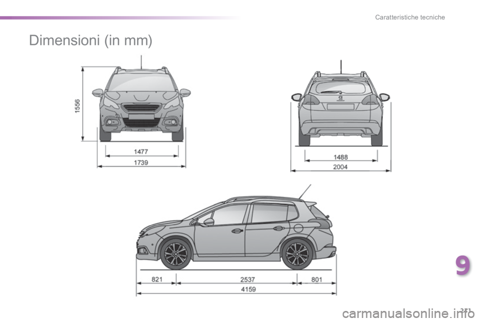 PEUGEOT 2008 2014  Manuale duso (in Italian) 9
211
Caratteristiche tecniche
      
Dimensioni (in mm)  
