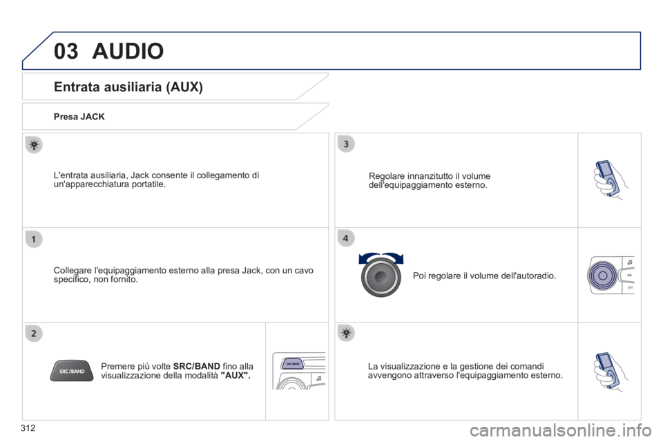 PEUGEOT 2008 2014  Manuale duso (in Italian) 03
312
 AUDIO 
             Entrata ausiliaria (AUX) 
  Presa  JACK  
  Collegare lequipaggiamento esterno alla presa Jack, con un cavo speciﬁ co, non fornito.  
  Lentrata ausiliaria, Jack consen
