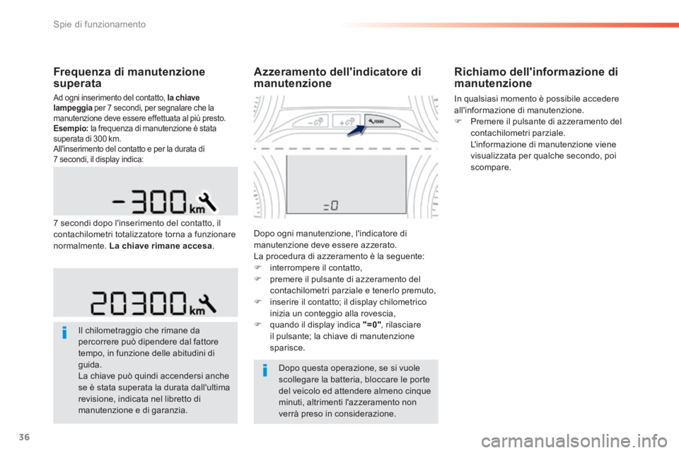 PEUGEOT 2008 2014 Manuale duso (in Italian) 36
Spie di funzionamento
Frequenza di manutenzione superata
Ad ogni inserimento del contatto, la chiave lampeggia per 7 secondi, per segnalare che la manutenzione deve essere effettuata al più PEUGEOT 2008 2014 Manuale duso (in Italian) 36
Spie di funzionamento
Frequenza di manutenzione superata
Ad ogni inserimento del contatto, la chiave lampeggia per 7 secondi, per segnalare che la manutenzione deve essere effettuata al più