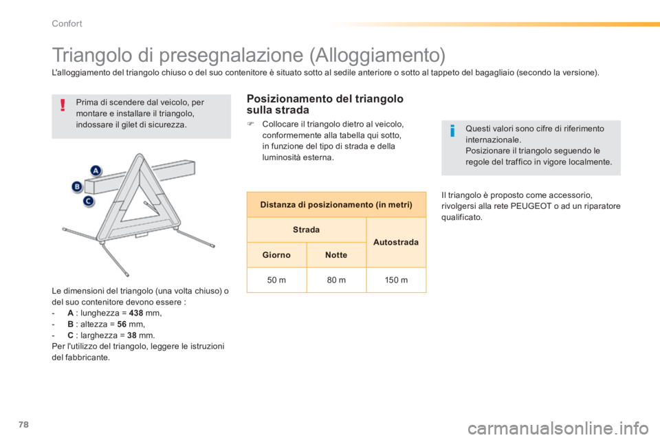 PEUGEOT 2008 2014  Manuale duso (in Italian) 78
Confort
           Triangolo di presegnalazione (Alloggiamento) 
 Prima di scendere dal veicolo, per montare e installare il triangolo, indossare il gilet di sicurezza. 
  Le dimensioni del triango