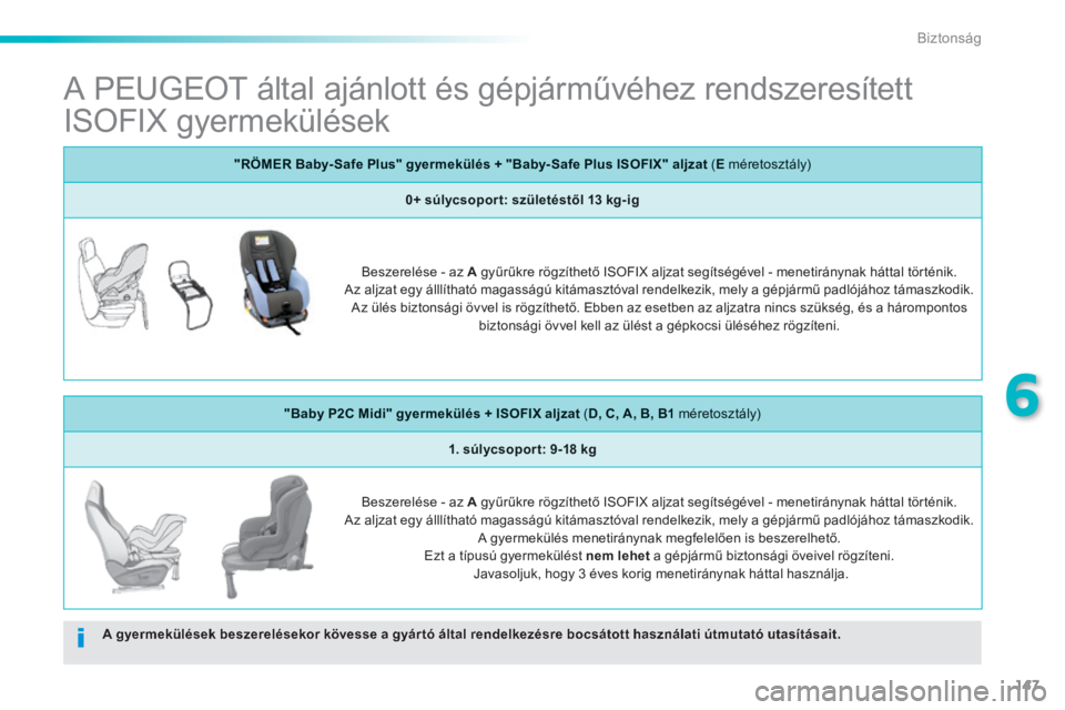 PEUGEOT 2008 2014 Kezelési útmutató (in Hungarian) 147
6
Biztonság
A PEUGEOT által ajánlott és gépjárművéhez rendszeresített
ISOFIX gyermekülések
A gyermekülések beszerelésekor kövesse a gyár tó által rendelkezésre boc PEUGEOT 2008 2014 Kezelési útmutató (in Hungarian) 147
6
Biztonság
A PEUGEOT által ajánlott és gépjárművéhez rendszeresített
ISOFIX gyermekülések
A gyermekülések beszerelésekor kövesse a gyár tó által rendelkezésre boc
