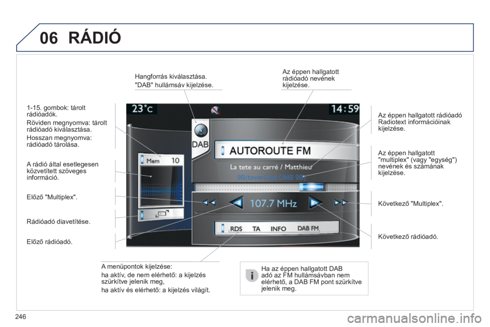 PEUGEOT 2008 2014  Kezelési útmutató (in Hungarian) 06
246
  A  menüpontok  kijelzése:  
ha aktív, de nem elérhető: a kijelzés szürkítve jelenik meg,  
ha aktív és elérhető: a kijelzés világít.  
  Az  éppen  hallgatott "multiplex&#