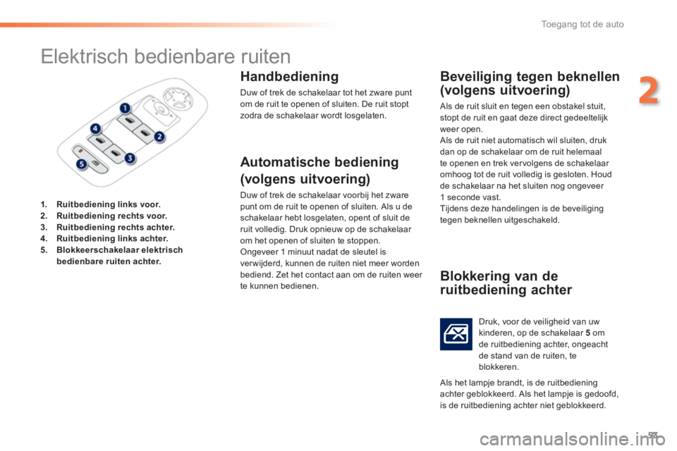 PEUGEOT 2008 2014 Instructieboekje (in Dutch) 53
2
Toegang tot de auto
Elektrisch bedienbare ruiten
1. Ruitbediening links voor.2. Ruitbediening rechts voor.3. Ruitbediening rechts achter.4. Ruitbediening links achter.5. PEUGEOT 2008 2014 Instructieboekje (in Dutch) 53
2
Toegang tot de auto
Elektrisch bedienbare ruiten
1. Ruitbediening links voor.2. Ruitbediening rechts voor.3. Ruitbediening rechts achter.4. Ruitbediening links achter.5.