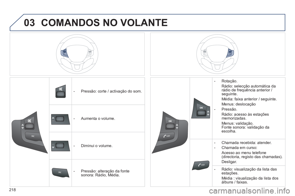 PEUGEOT 2008 2014  Manual de utilização (in Portuguese) 03
�� �
218
   -   Pressão:  corte  /  activação  do  som.  
   -   Aumenta  o  volume.  
   -   Diminui  o  volume.  
   -   Pressão:  alteração  da  fonte sonora: Rádio, Média.  
   -   Rota