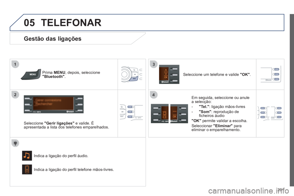 PEUGEOT 2008 2014  Manual de utilização (in Portuguese) 05
 
291
 TELEFONAR 
  Prima   MENU , depois, seleccione "Bluetooth" .  
  Seleccione   "Gerir ligações"  e valide. É apresentada a lista dos telefones emparelhados.  
  Indica a ligação do per