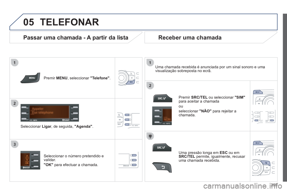 PEUGEOT 2008 2014  Manual de utilização (in Portuguese) 05
 
  
293
 TELEFONAR 
  Premir   MENU , seleccionar  "Telefone" .  
  Seleccionar   Ligar , de seguida,  Ligar , de seguida,  Ligar"Agenda" .  
  Uma chamada recebida é anunciada por um sinal sonor