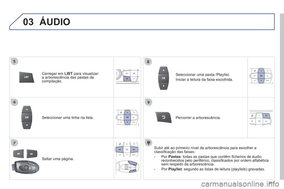 PEUGEOT 2008 2014  Manual de utilização (in Portuguese) 03
3 11
  Seleccionar uma linha na lista.  
  Saltar  uma  página.  
  Percorrer  a  arborescência.  
  Seleccionar uma pasta /Playlist. 
 Iniciar a leitura da faixa escolhida.  
  Subir até ao pri