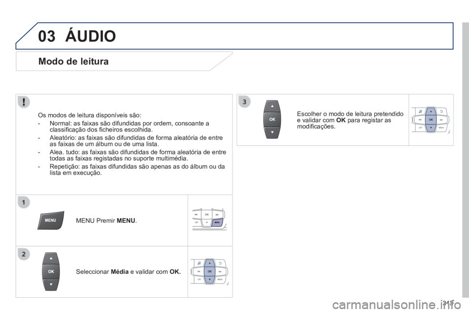 PEUGEOT 2008 2014  Manual de utilização (in Portuguese) 03
313
 ÁUDIO 
  Modo  de  leitura 
  Os modos de leitura disponíveis são: 
   -   Normal: as faixas são difundidas por ordem, consoante a classiﬁ cação dos ﬁ cheiros escolhida. 
  -   Aleat