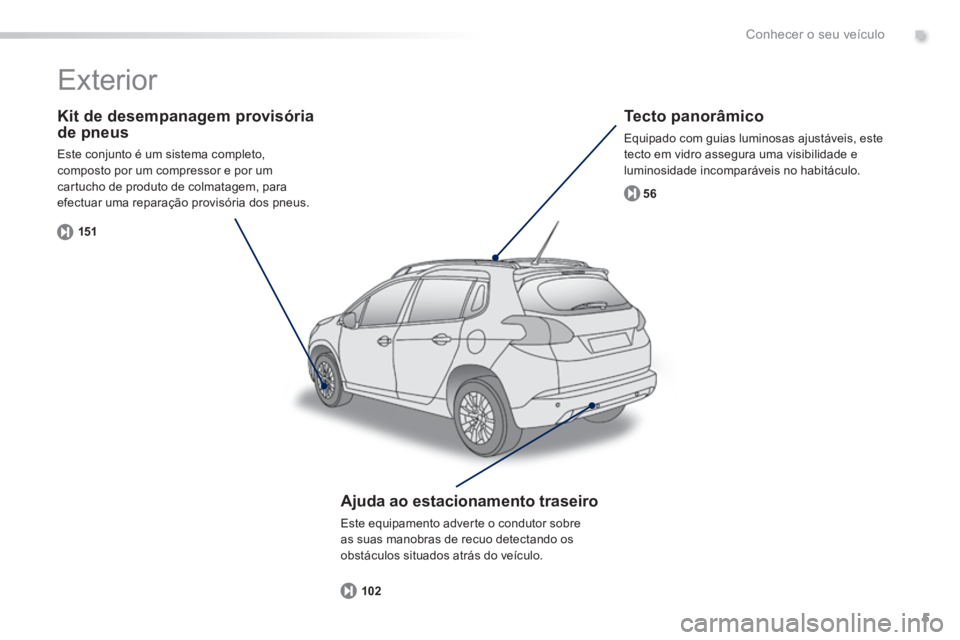 PEUGEOT 2008 2014  Manual de utilização (in Portuguese) .
5
15156
102
Conhecer o seu veículo
  Kit de desempanagem provisória de pneus 
 Este conjunto é um sistema completo, composto por um compressor e por um cartucho de produto de colmatagem, para efe