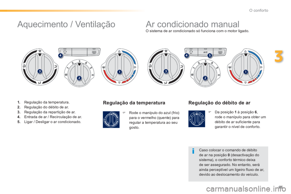 PEUGEOT 2008 2014  Manual de utilização (in Portuguese) 65
3
O conforto
  Regulação  da  temperatura 
   Rode o manípulo do azul (frio) para o vermelho (quente) para regular a temperatura ao seu gosto.   
O sistema de ar condicionado só funciona com
