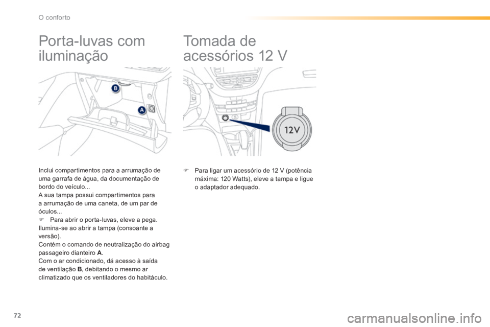 PEUGEOT 2008 2014  Manual de utilização (in Portuguese) 72
O conforto
       
Tomada de 
acessórios 12 V 
            Por ta-luvas com 
iluminação 
  Inclui compartimentos para a arrumação de uma garrafa de água, da documentação de bordo do veícul
