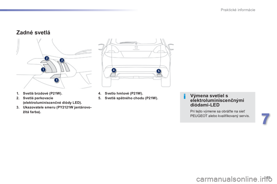 PEUGEOT 2008 2014  Návod na použitie (in Slovakian) 169
7
Praktické informácie
1.    Svetlá brzdové (P21W).2.    Svetlá parkovacie (elektroluminiscenčné diódy LED).3.    Ukazovatele smeru (PY2121W    jantárovo-    jantárovo-    žltá farba).