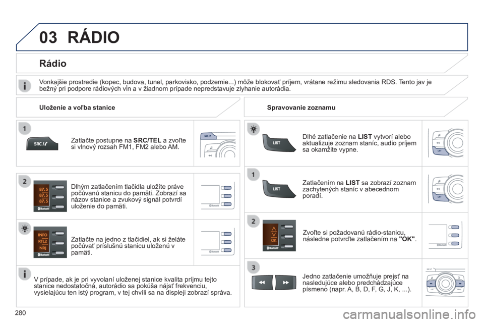 PEUGEOT 2008 2014 Návod na použitie (in Slovakian) 03
280
Zatlačte postupne na SRC/TEL a zvoľte si vlnový rozsah FM1, FM2 alebo AM.
Zatlačte na jedno z tlačidiel, ak si želáte počúvať príslušnú stanicu uloženú v pamäti.
Zvo PEUGEOT 2008 2014 Návod na použitie (in Slovakian) 03
280
Zatlačte postupne na SRC/TEL a zvoľte si vlnový rozsah FM1, FM2 alebo AM.
Zatlačte na jedno z tlačidiel, ak si želáte počúvať príslušnú stanicu uloženú v pamäti.
Zvo