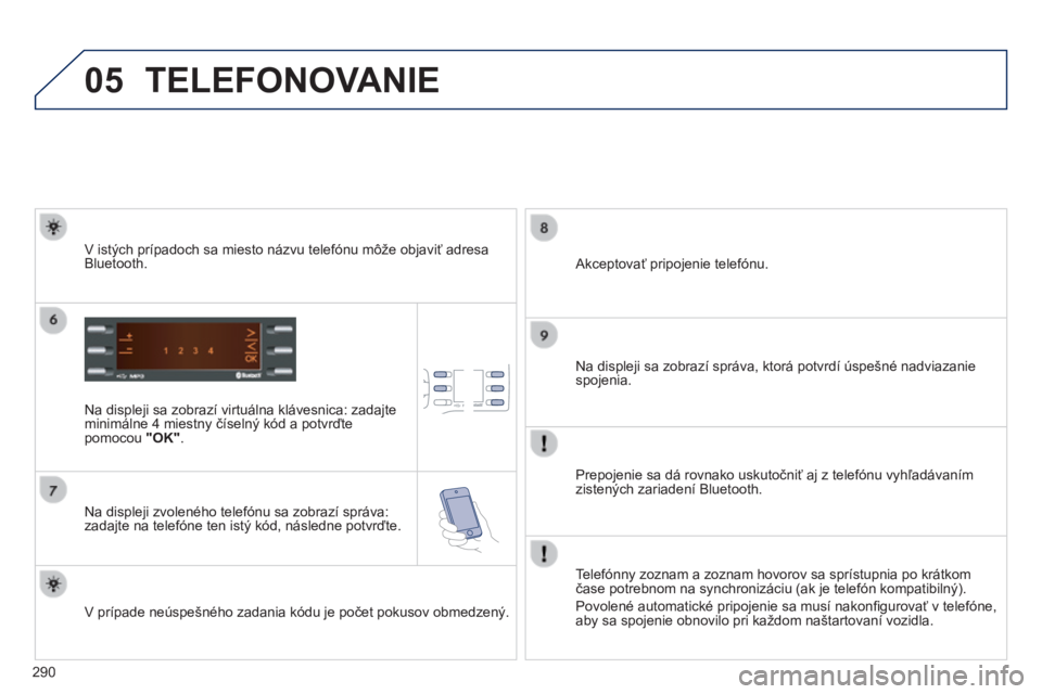 PEUGEOT 2008 2014  Návod na použitie (in Slovakian) 05
290
 TELEFONOVANIE 
  Na displeji sa zobrazí virtuálna klávesnica: zadajte minimálne 4 miestny číselný kód a potvrďte pomocou  "OK" .   
  Na displeji zvoleného telefónu sa zobra