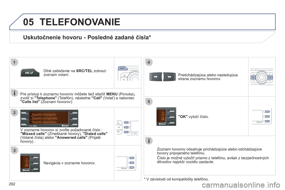 PEUGEOT 2008 2014  Návod na použitie (in Slovakian) 05
 
  
292
 TELEFONOVANIE 
  Dlhé zatlačenie na  SRC/TEL  zobrazí zoznam volaní.  
  V zozname hovorov si zvoľte požadované číslo : "Missed calls"  (Zmeškané hovory),  "Dialed 