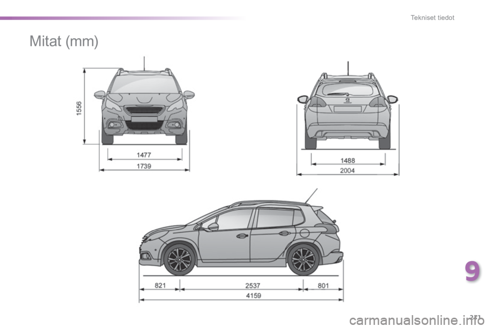 PEUGEOT 2008 2014  Omistajan Käsikirja (in Finnish) 9
211
Tekniset tiedot
      
Mitat (mm)  