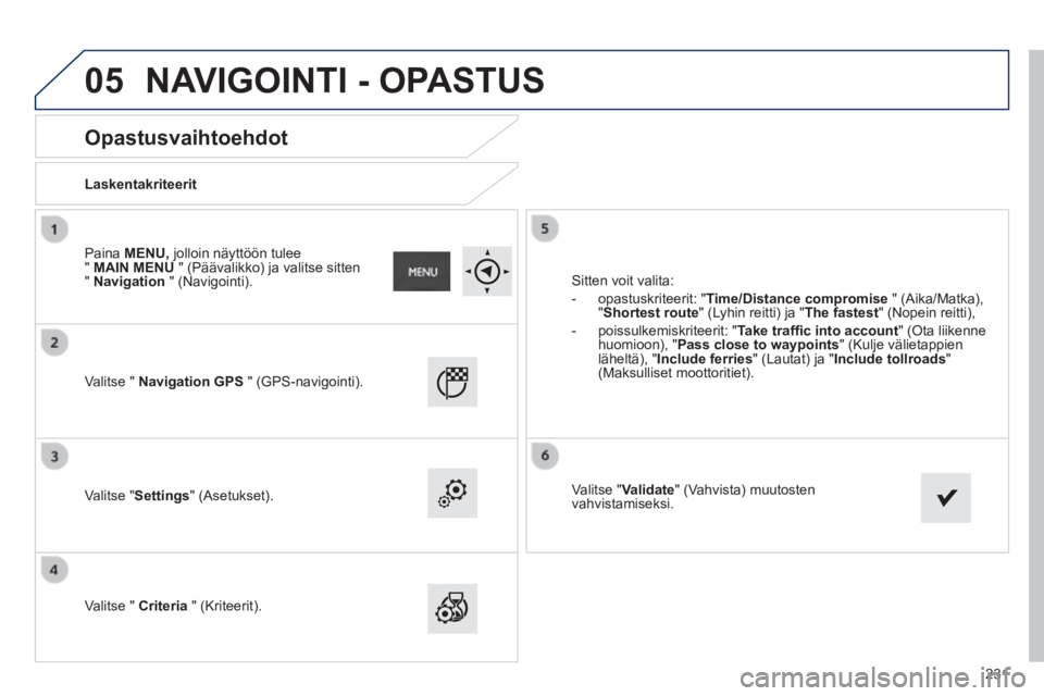 PEUGEOT 2008 2014  Omistajan Käsikirja (in Finnish) 05
231
       
Opastusvaihtoehdot 
  Laskentakriteerit  
  Valitse  "   Navigation GPS   "  (GPS-navigointi).  
  Valitse  "Settings"  (Asetukset).  
  Valitse  "   Criteria  " (Kriteerit). 
 Sitten v