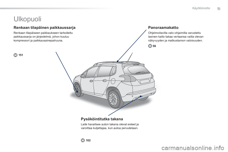 PEUGEOT 2008 2014  Omistajan Käsikirja (in Finnish) .
5
15156
102
Käyttöönotto
  Renkaan  tilapäinen  paikkaussarja 
 Renkaan tilapäiseen paikkaukseen tarkoitettu paikkaussarja on järjestelmä, johon kuuluu kompressori ja paikkausainepatruuna.  
