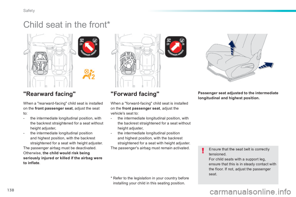 PEUGEOT 2008 2013.5 Owners Manual 138
Safety
Ensure that the seat belt is correctly tensioned. For child seats with a support leg, ensure that this is in steady contact with the floor. If not, adjust the passenger seat.
PEUGEOT 2008 2013.5 Owners Manual 138
Safety
Ensure that the seat belt is correctly tensioned. For child seats with a support leg, ensure that this is in steady contact with the floor. If not, adjust the passenger seat.