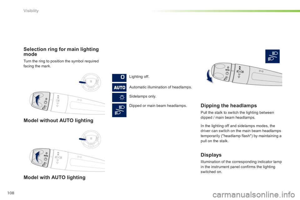 PEUGEOT 2008 2013  Owners Manual 108
Visibility
Model without AUTO lighting
Model with AUTO lighting
Selection ring for main lighting mode
Turn the ring to position the symbol required 
facing the mark.
Li
ghting off.  
 
Automatic i