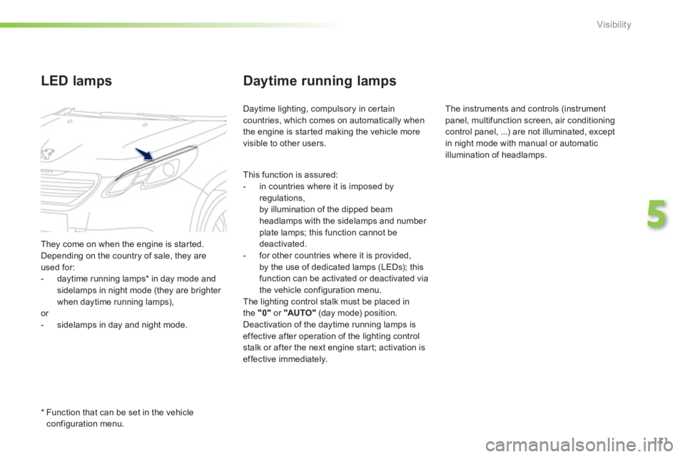 PEUGEOT 2008 2013  Owners Manual 111
5
Visibility
Daytime running lamps
Daytime lighting, compulsory in cer tain
countries, which comes on automatically when
the engine is star ted making the vehicle more
visible to other users.
LED 