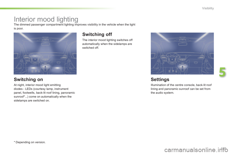 PEUGEOT 2008 2013  Owners Manual 121
5
Visibility
   
 
 
 
 
 
 
 
Interior mood lighting  
The dimmed passenger compar tment lighting improves visibility in the vehicle when the light
is poor. 
   
Switching on
 At night, interior 