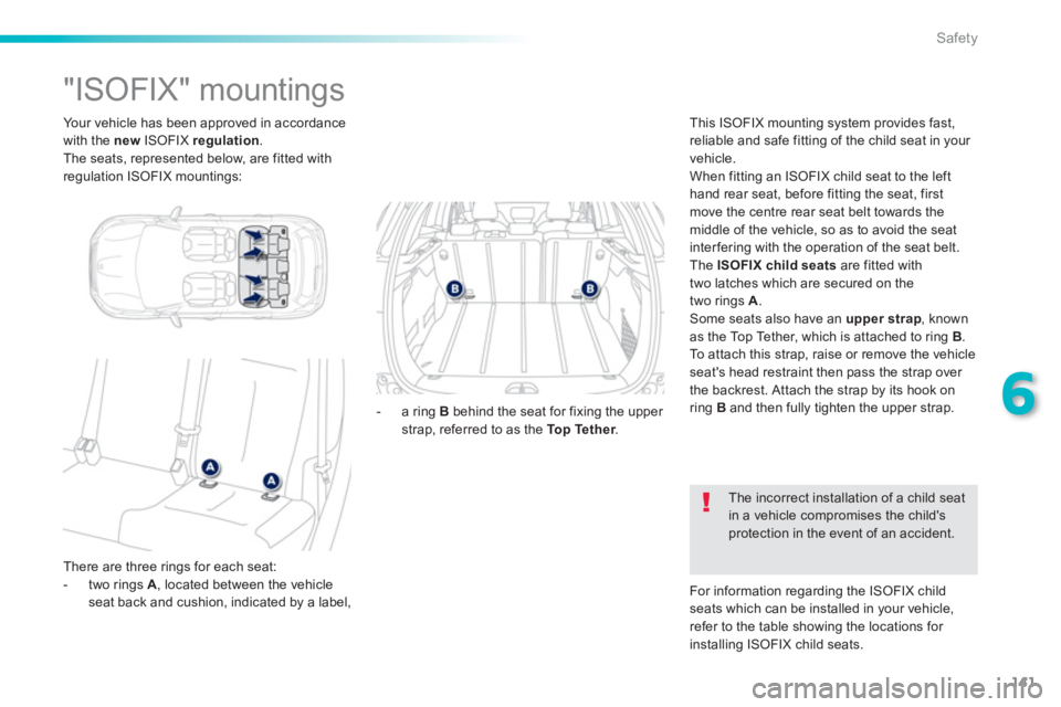 PEUGEOT 2008 2013  Owners Manual 141
6
Safety
 Your vehicle has been approved in accordance 
with the  new 
 ISOFIX  regulation 
. 
  The seats, represented below, are fitted with 
re
gulation ISOFIX mountings:
   
 
 
 
 
 
 
 
 
 
